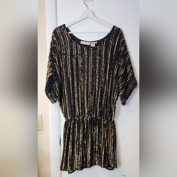 SCALA Vintage Black Metallic Gold Silver Copper Sequins Tunic Mini Dress Size 0 - Picture 3 of 15